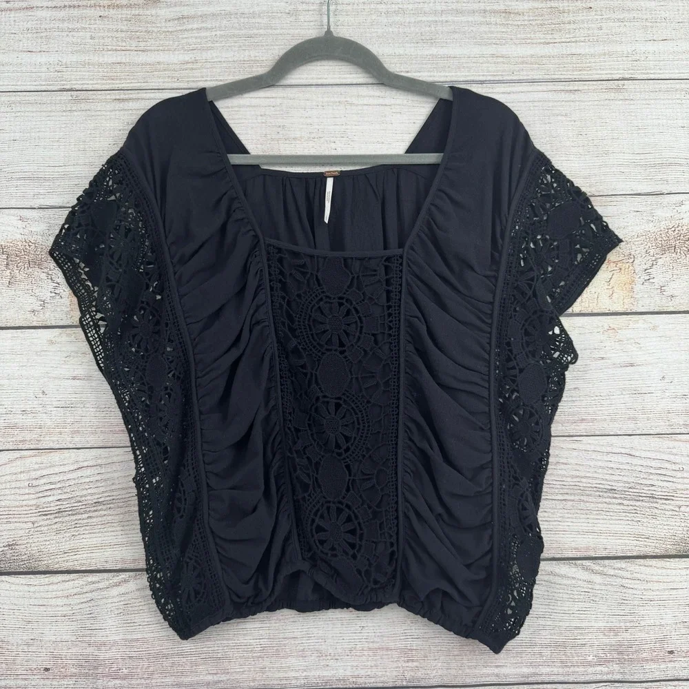 Free People Blouse Womens Large Black Crochet Lace Ruched Boho Top